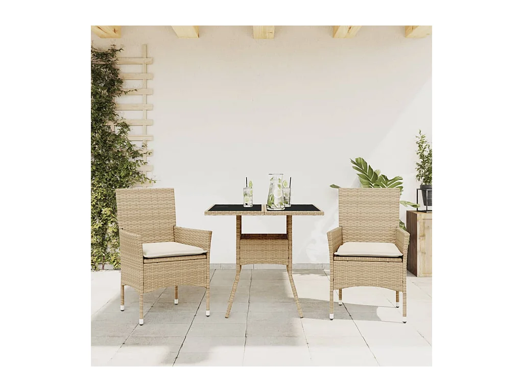 Ensemble à manger de jardin et coussins 3 pièces beige rotin verre