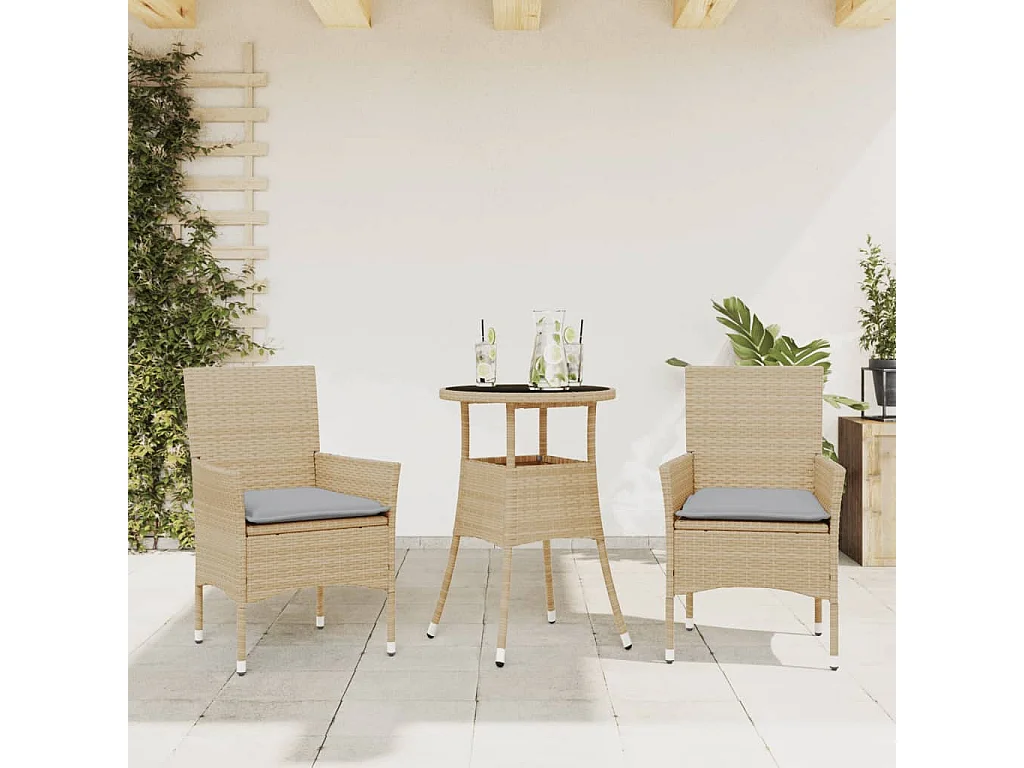Ensemble à manger de jardin et coussins 3 pièces beige rotin verre