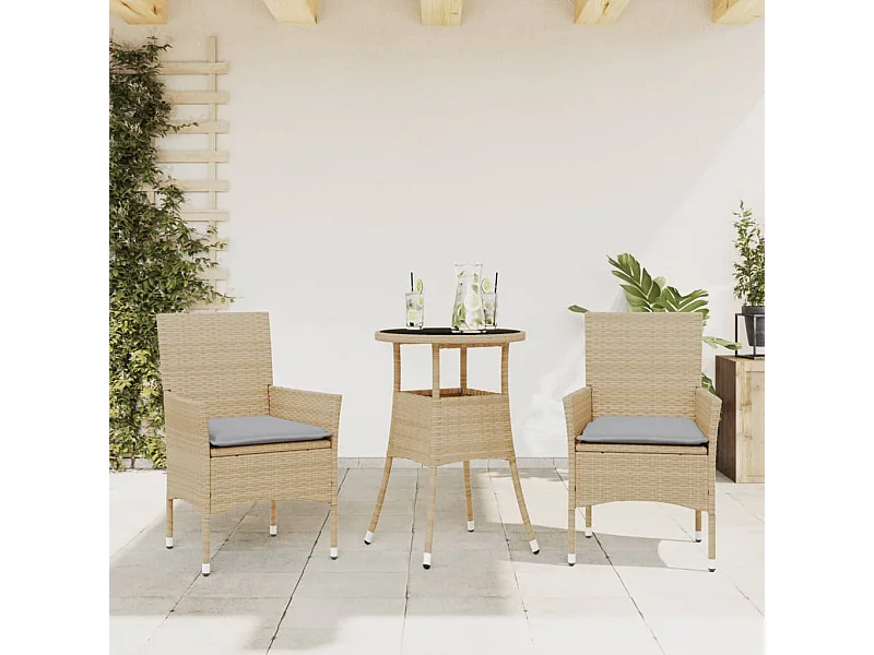 Ensemble à manger de jardin et coussins 3 pièces beige rotin verre