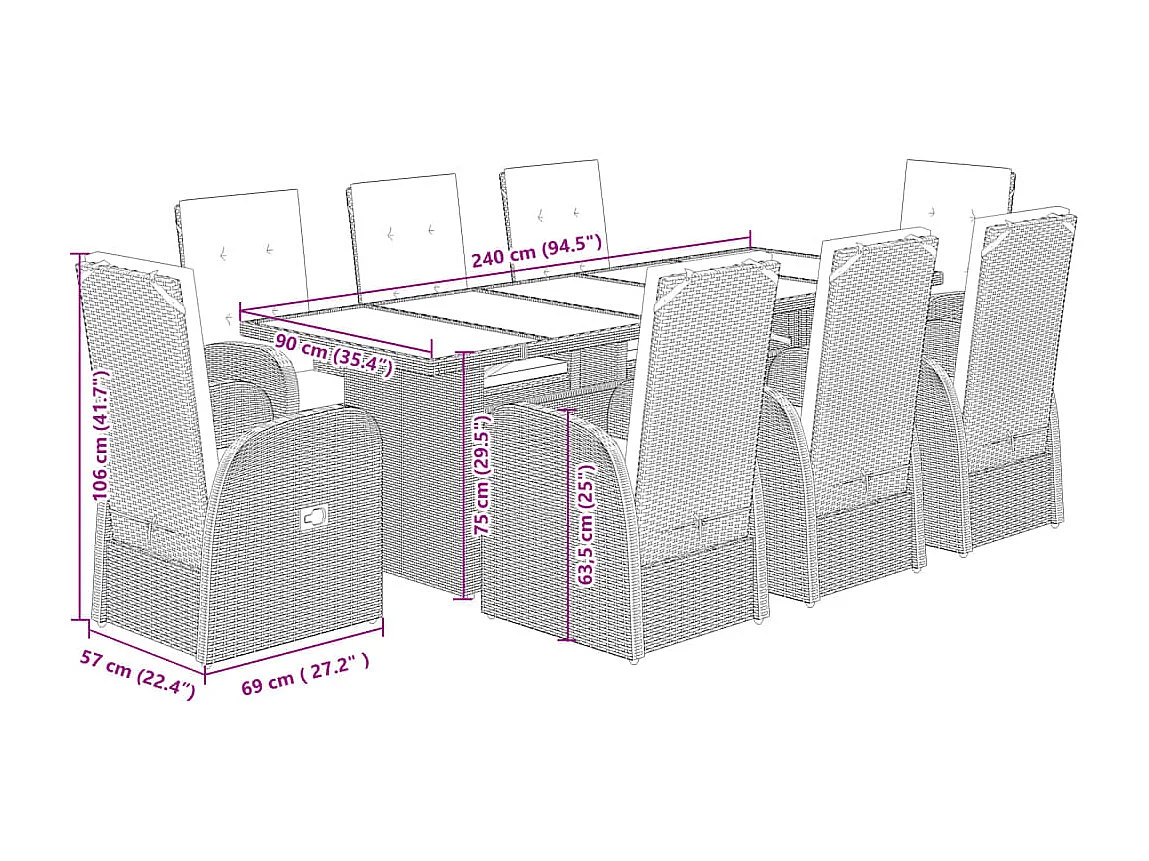 9-delige Tuinset met kussens poly rattan grijs