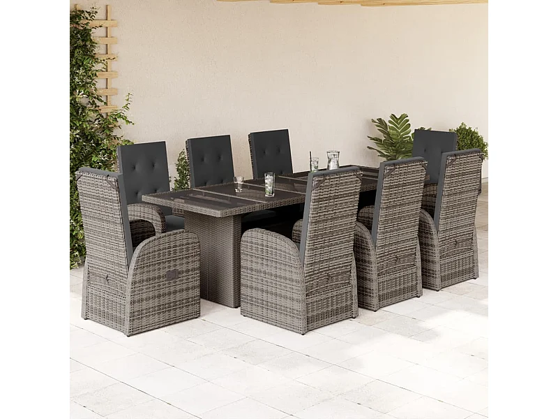 Set comedor jardín 9 piezas y cojines ratán sintético gris