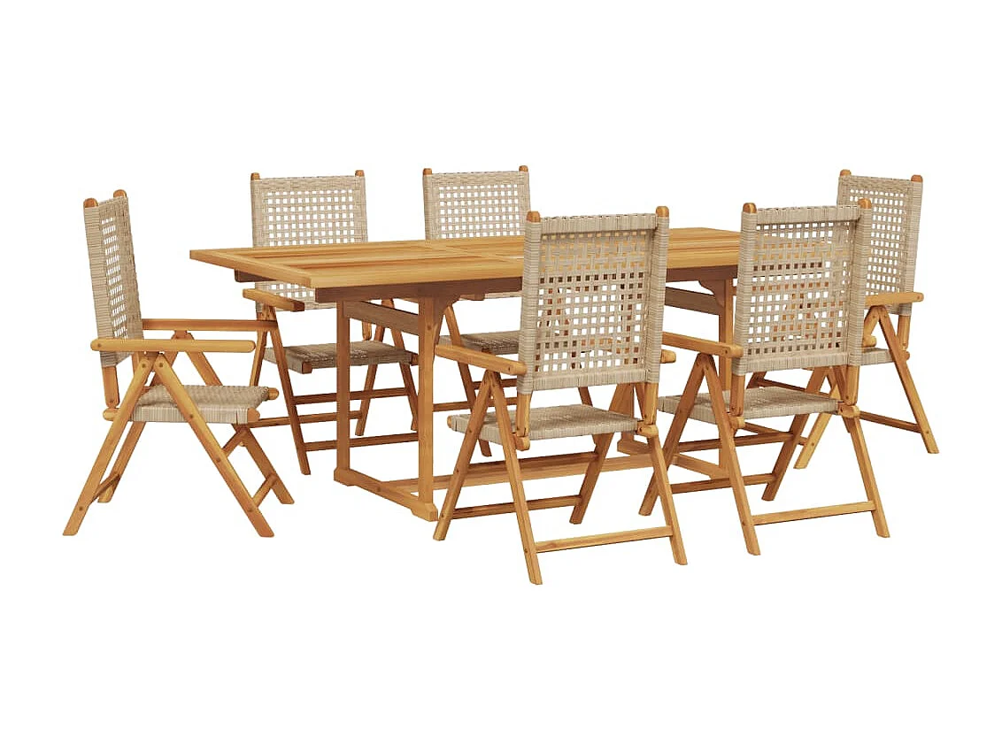 7-delige Tuinset poly rattan en massief hout beige
