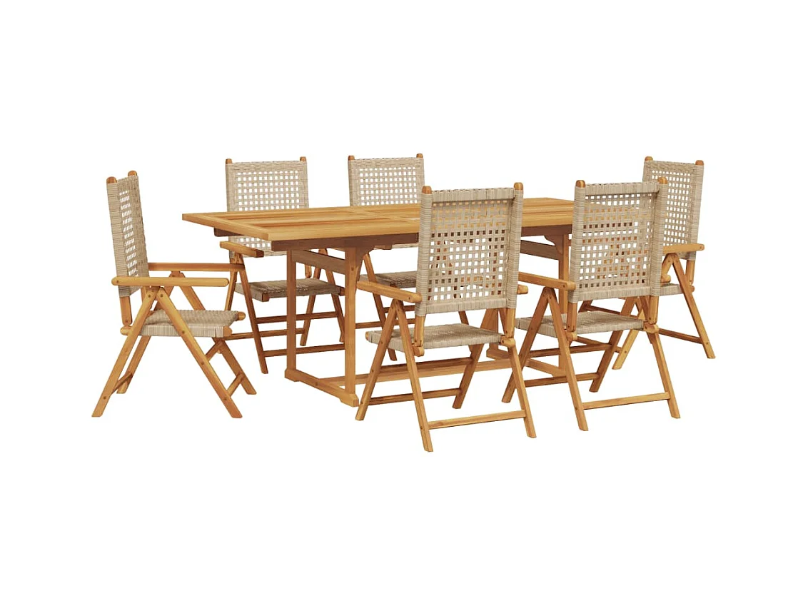 Ensemble à manger de jardin 7 pièces beige rotin et bois massif