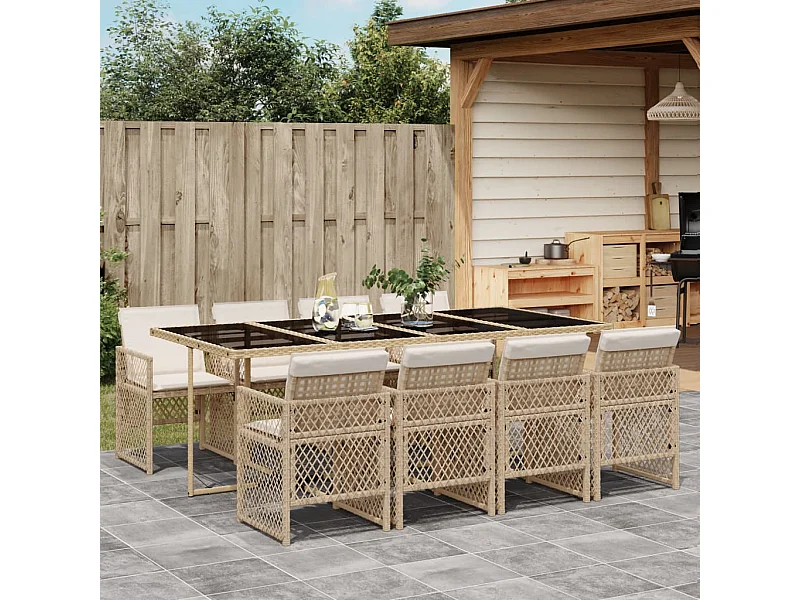Ensemble à manger de jardin et coussins 9 pièces beige Poly rotin
