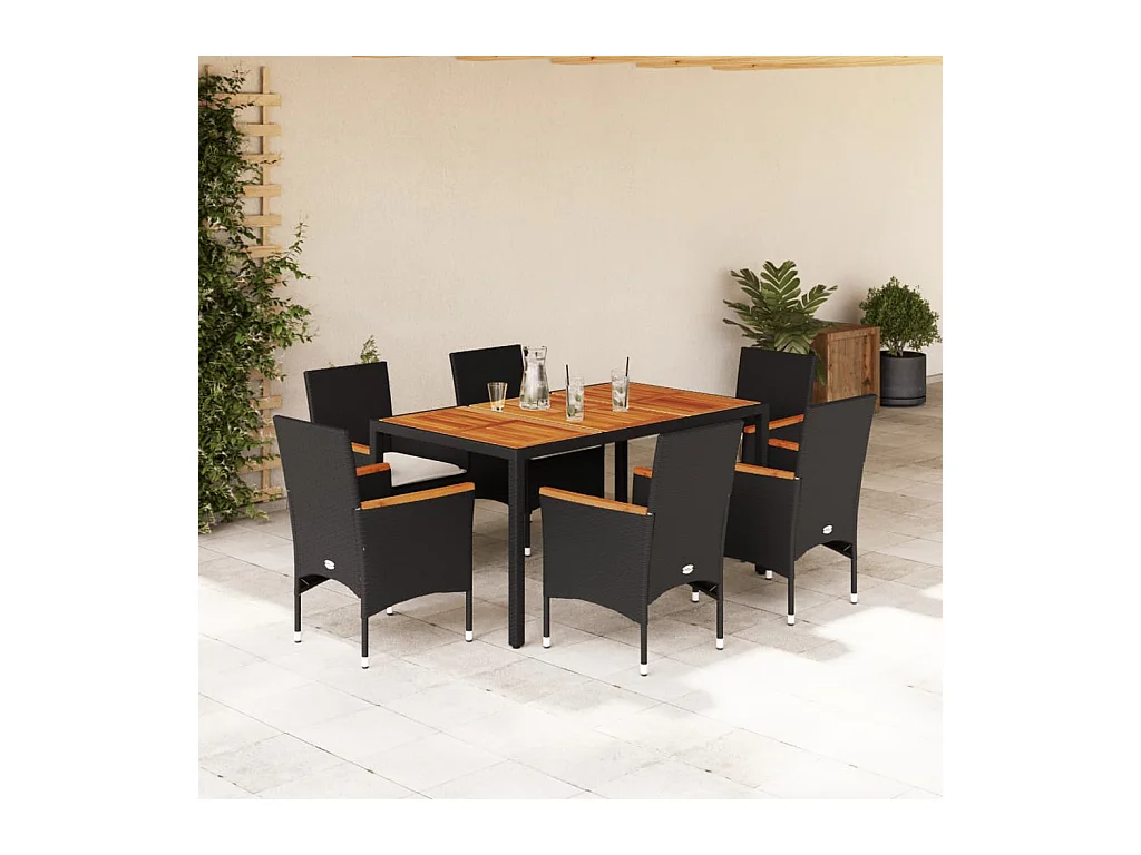 Ensemble à manger de jardin et coussins 7 pièces noir rotin acacia