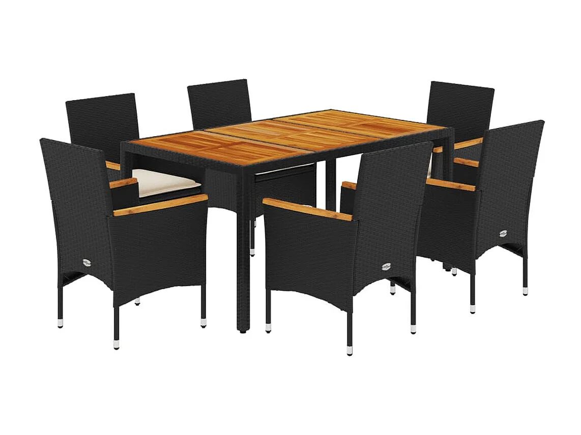 Set de comedor jardín 7 piezas con cojines ratán PE acacia negro