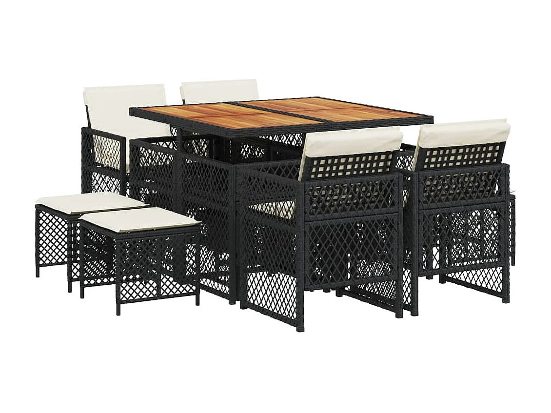 9 peças conjunto de jantar para jardim com almofadões vime PE preto