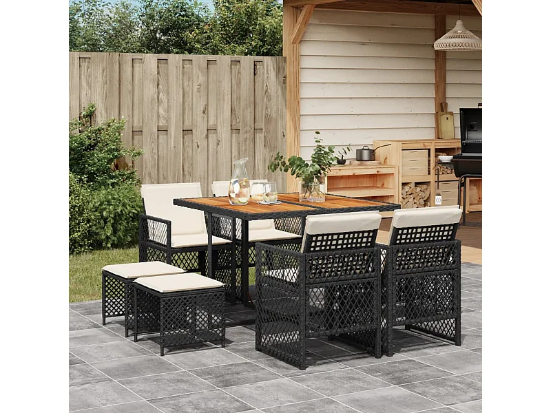 9 peças conjunto de jantar para jardim com almofadões vime PE preto