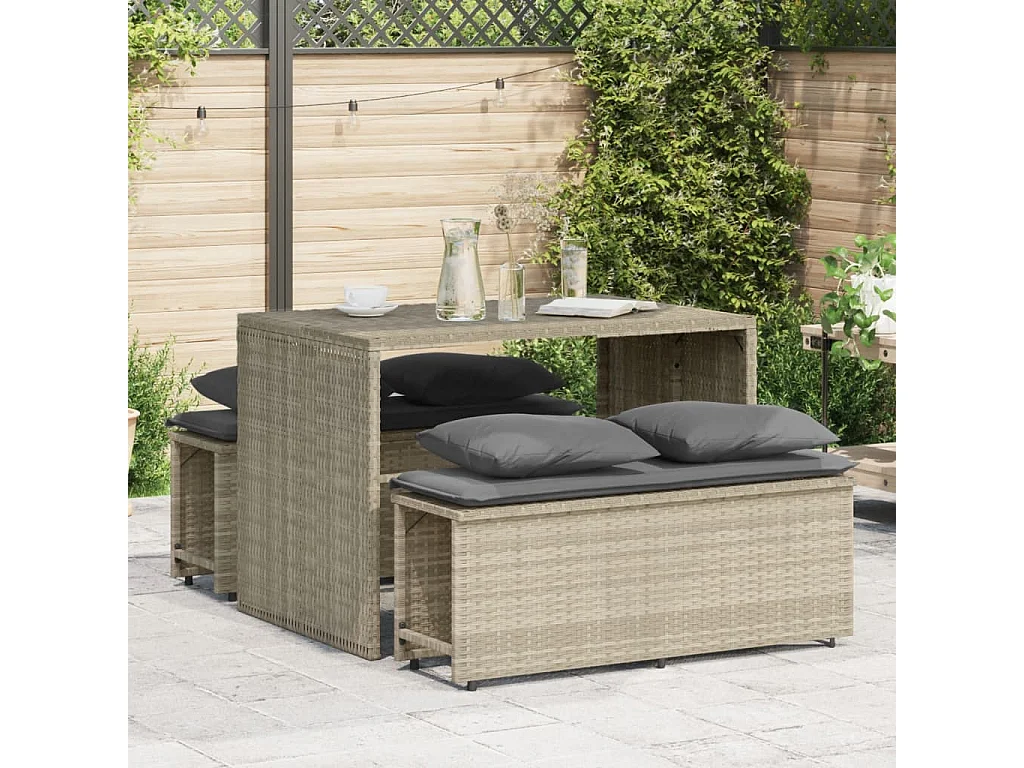 3 peças conjunto de jantar para jardim com almofadões cinzento claro