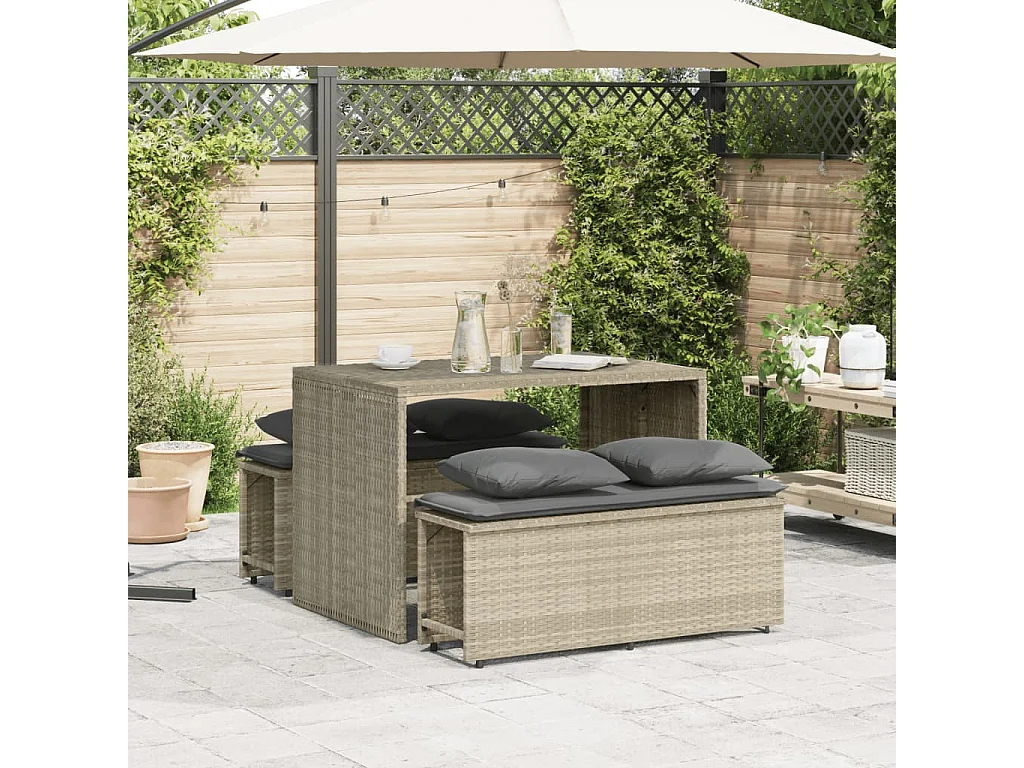 3 peças conjunto de jantar para jardim com almofadões cinzento claro