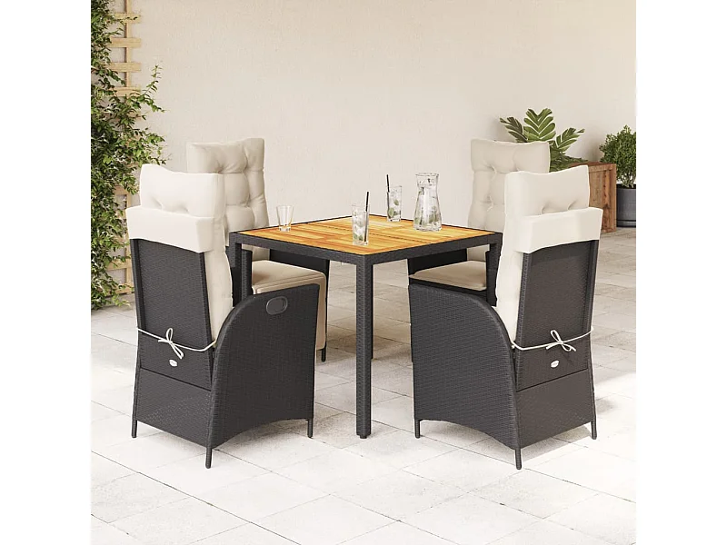 5 peças conjunto de jantar para jardim com almofadões vime PE preto