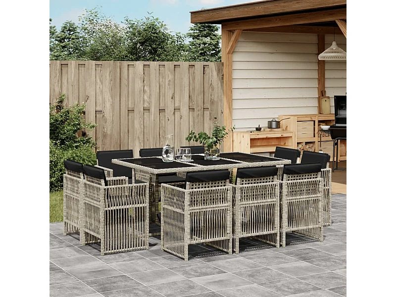 11 peças conjunto jantar para jardim com almofadões vime PE cinzento