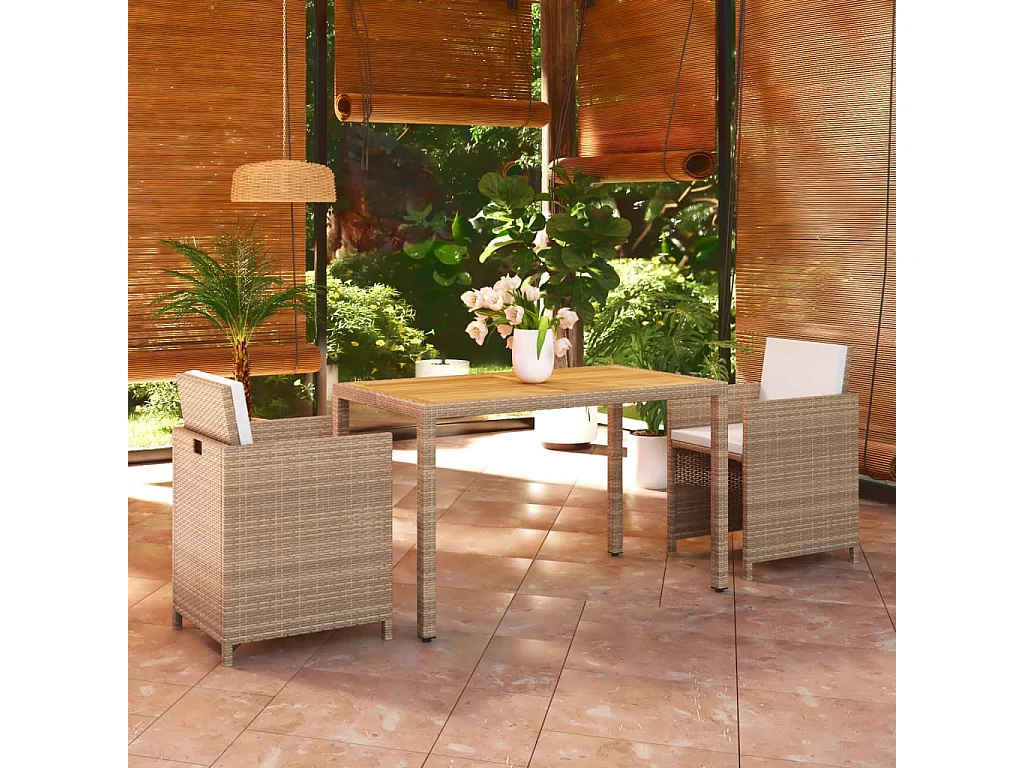 Set comedor de jardín 3 piezas con cojines ratán sintético beige