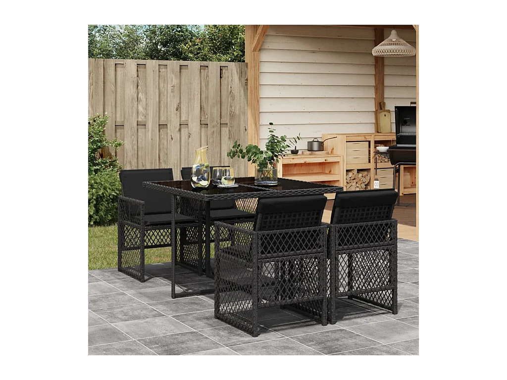 5-delige Tuinset met kussens poly rattan zwart