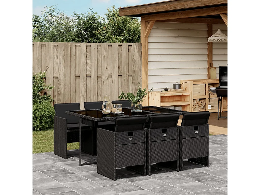 Set de comedor de jardín 7 piezas y cojines ratán sintético negro