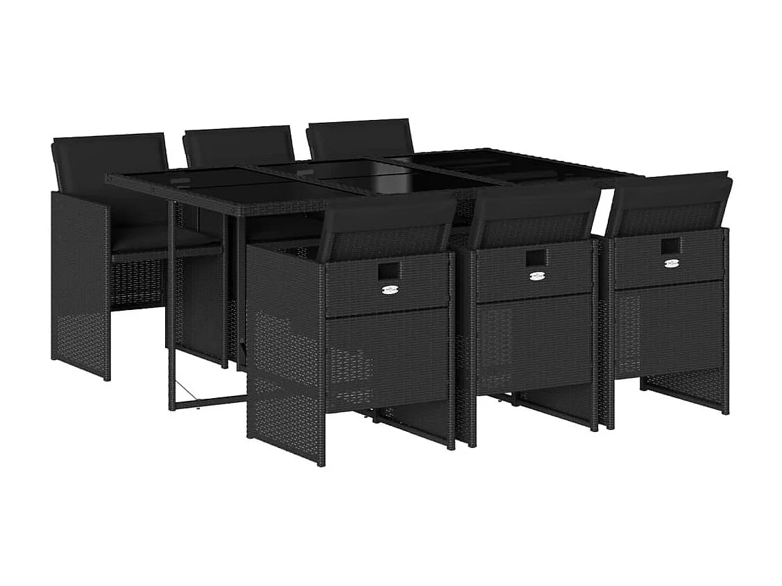 Set de comedor de jardín 7 piezas y cojines ratán sintético negro