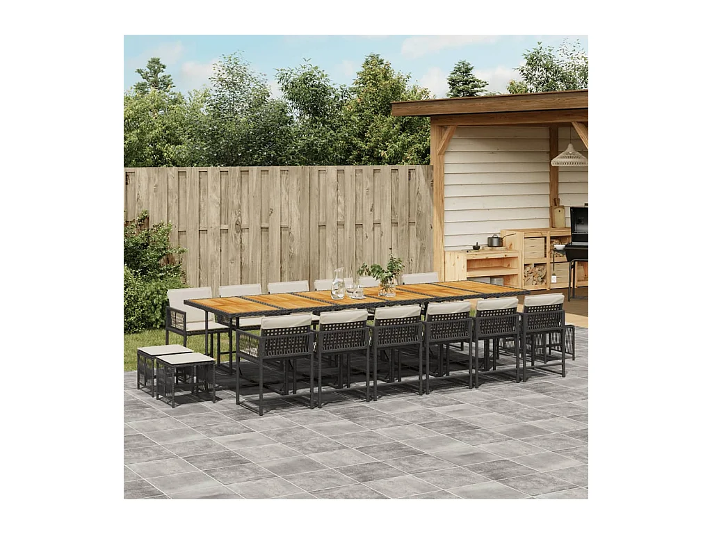 Set de muebles jardín 17 piezas con cojines ratán sintético negro