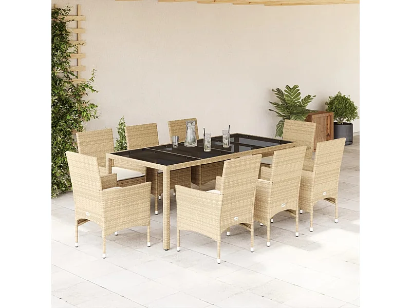 Set comedor jardín 9 piezas cojines ratán sintético vidrio beige