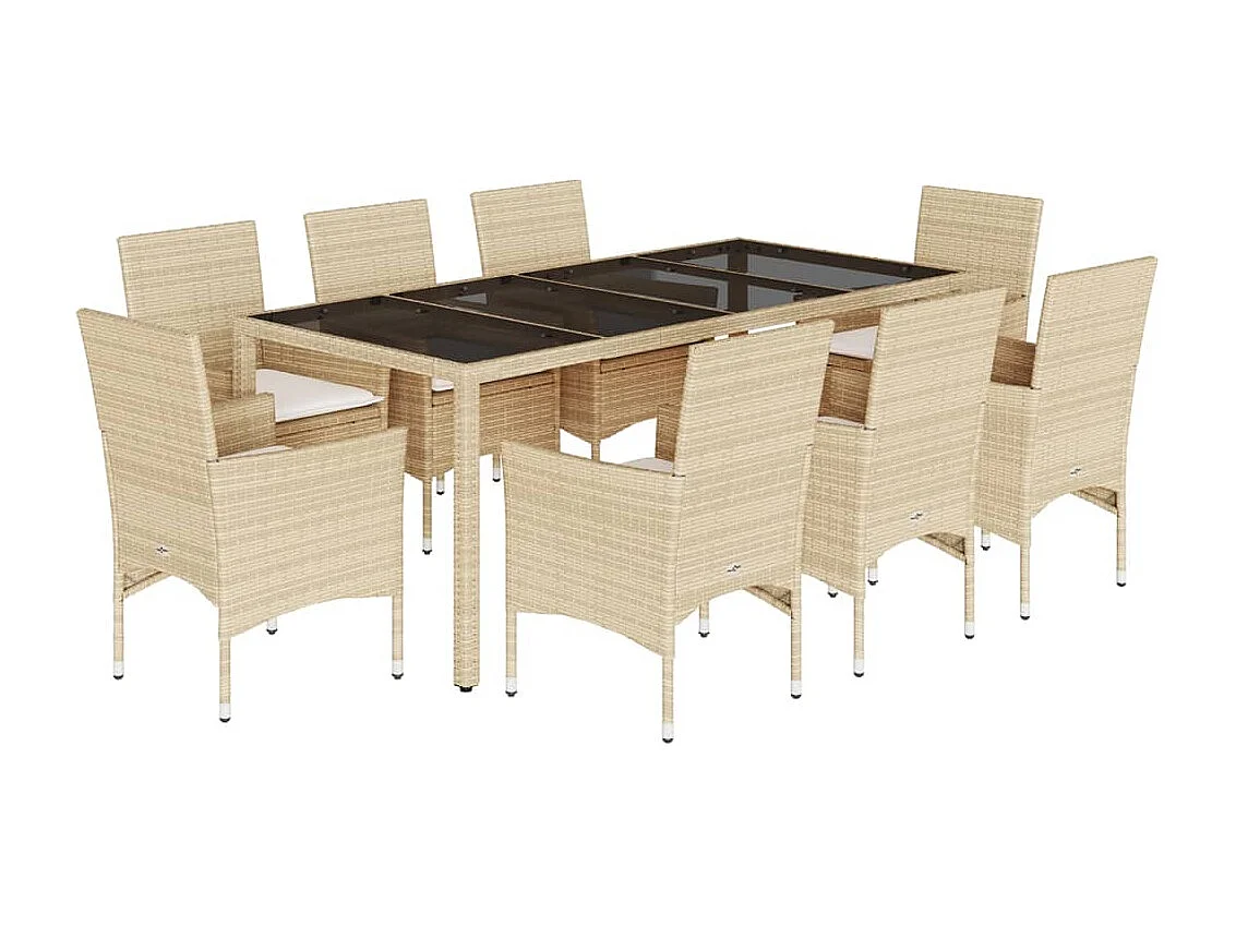 Set comedor jardín 9 piezas cojines ratán sintético vidrio beige