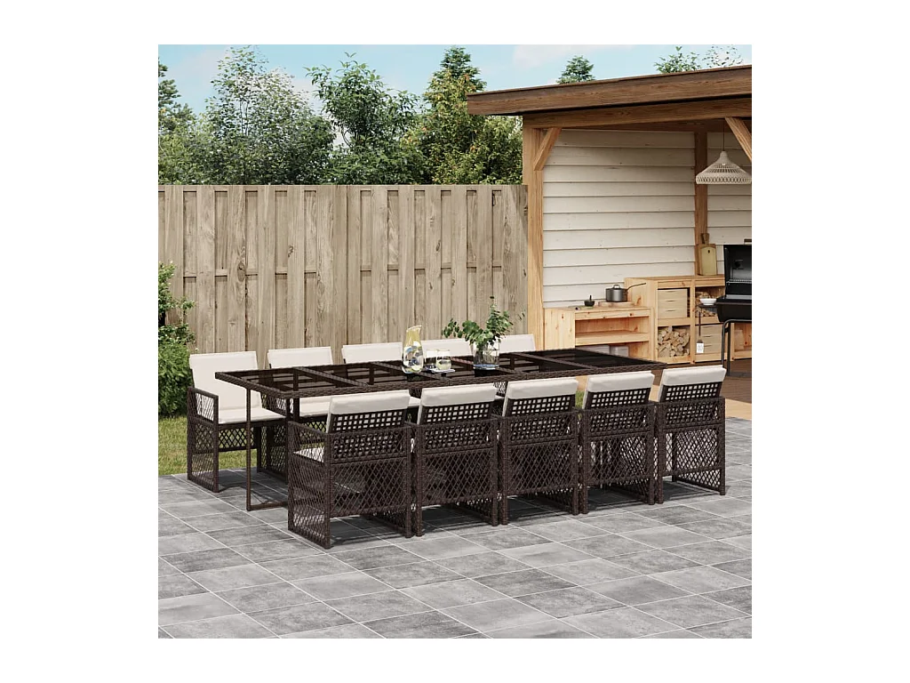 Ensemble à manger de jardin et coussins 11 pièces marron rotin