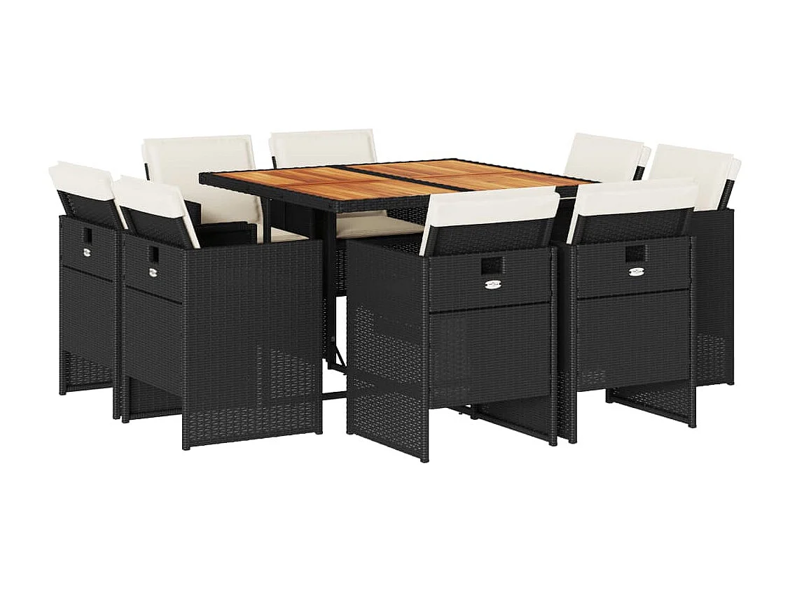 9 peças conjunto de jantar para jardim com almofadões vime PE preto