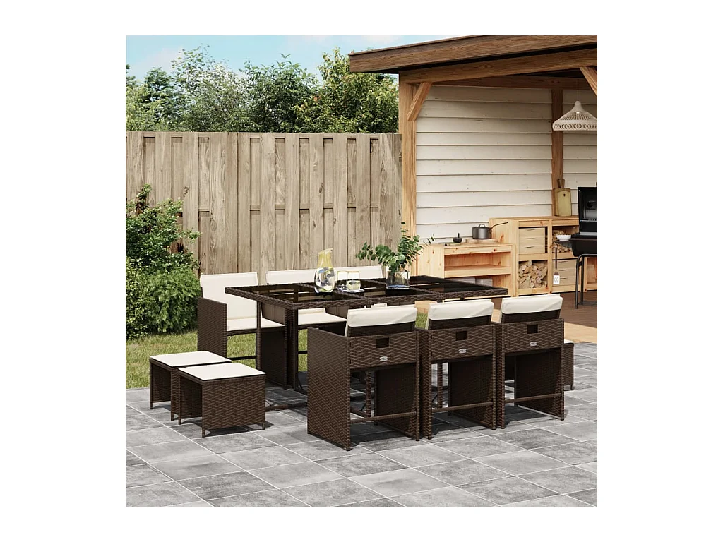 Ensemble à manger de jardin et coussins 11 pièces marron rotin