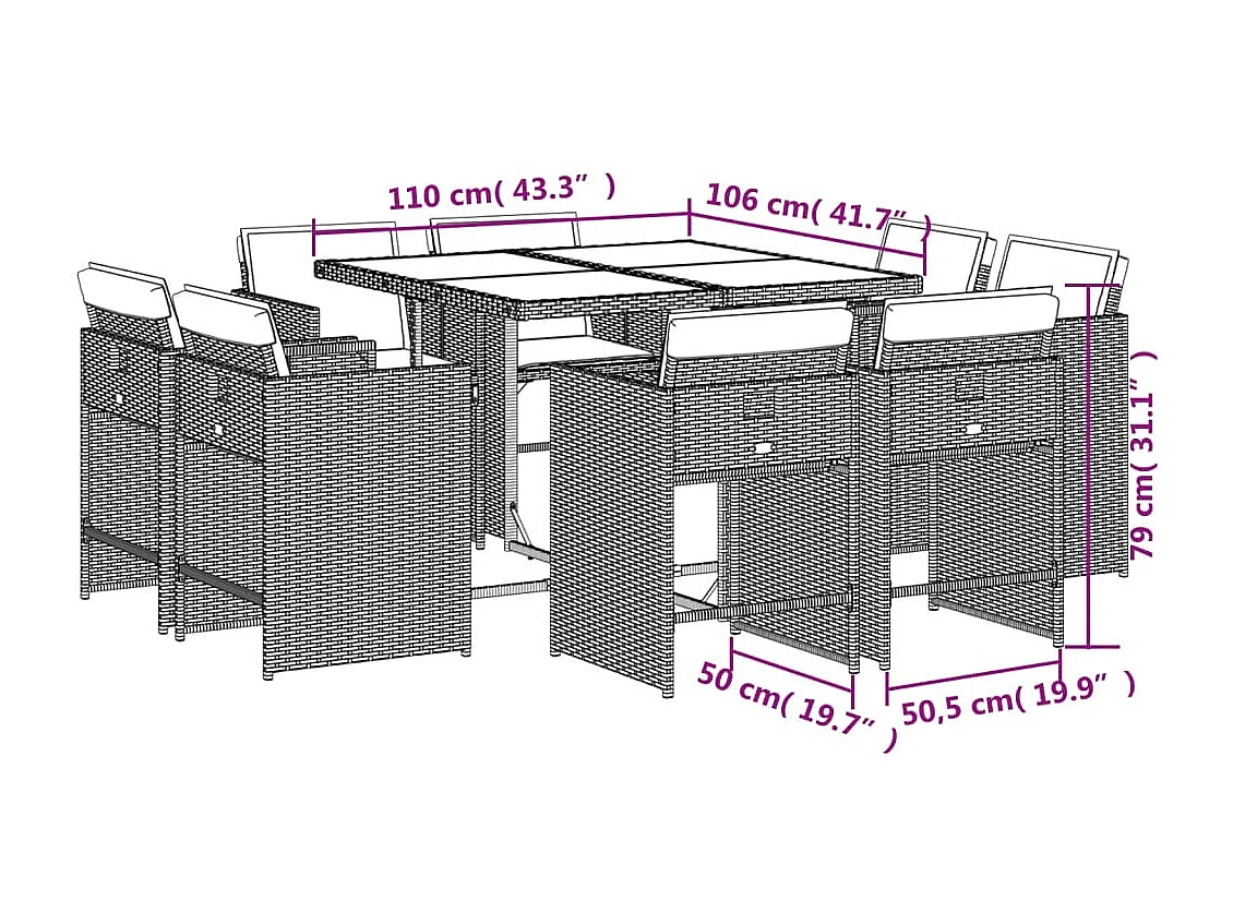 Set comedor jardín 9 piezas y cojines ratán sintético gris