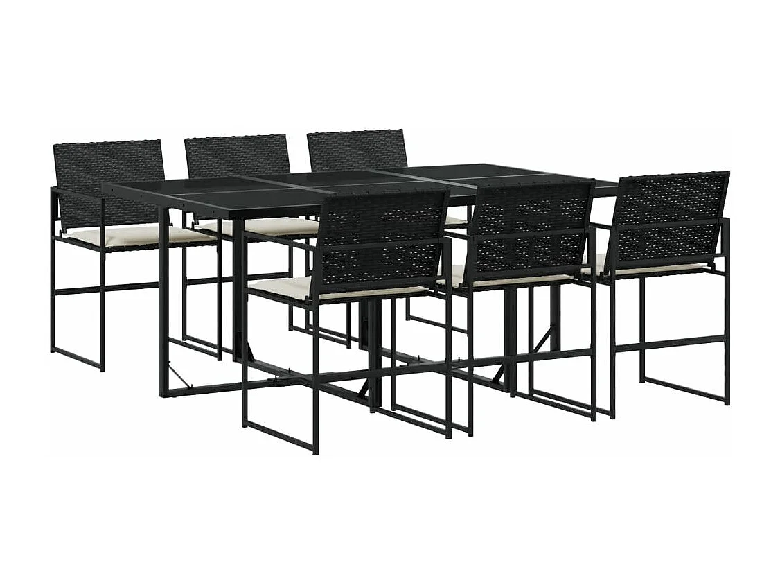 Ensemble à manger de jardin coussins 7 pièces noir résine tressée