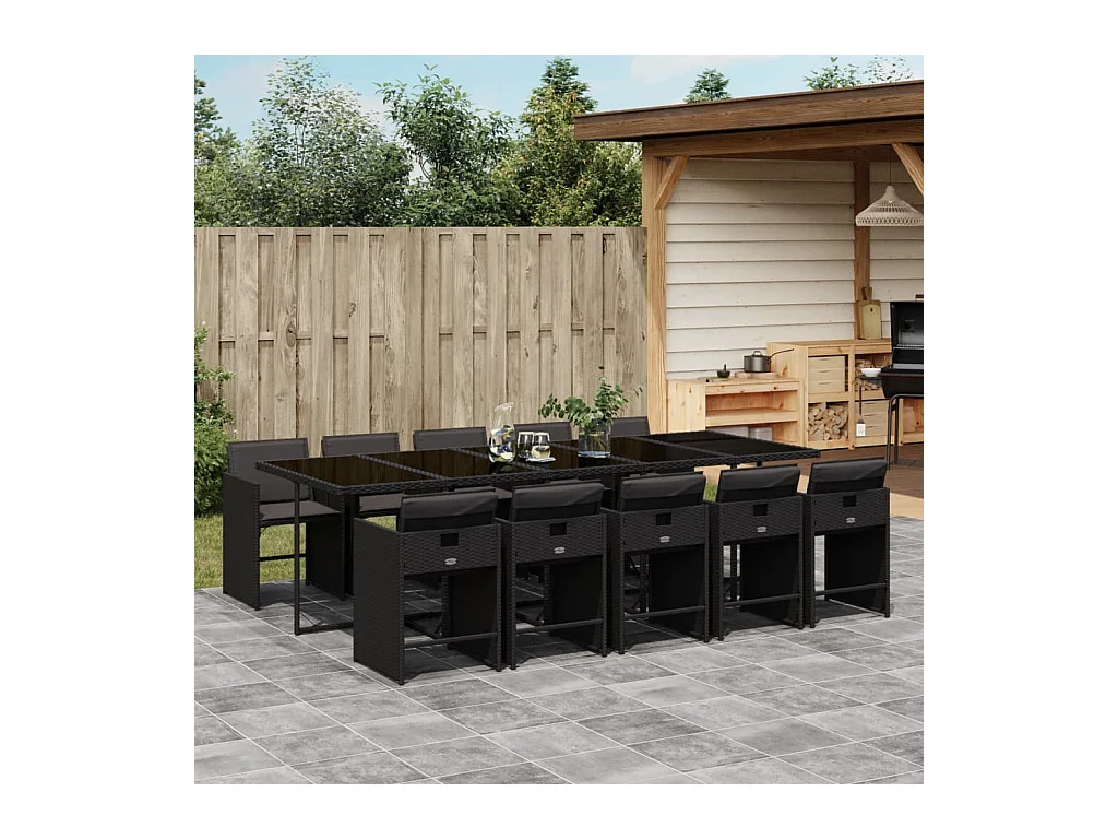 11-delige Tuinset met kussens poly rattan zwart