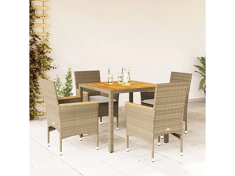 Ensemble à manger de jardin et coussins 5 pièces beige rotin acacia