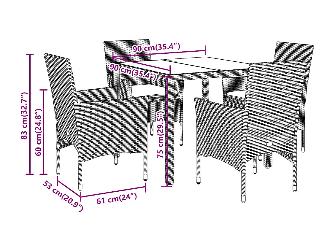 Ensemble à manger de jardin et coussins 5 pièces noir rotin acacia