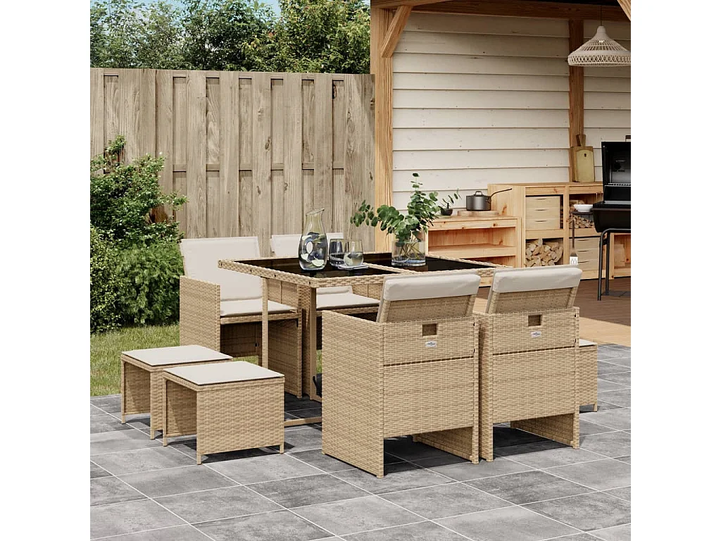 Set comedor de jardín 9 piezas con cojines ratán sintético beige