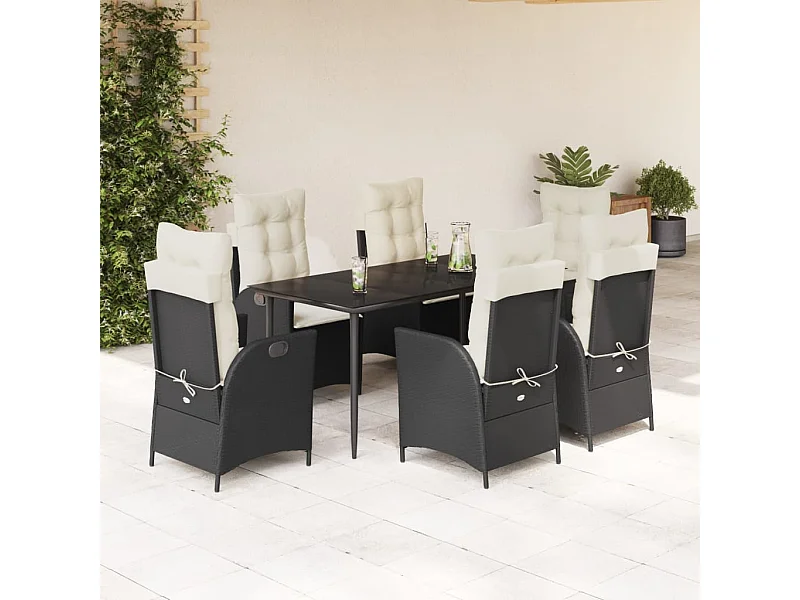 Set de comedor de jardín 7 piezas y cojines ratán sintético negro
