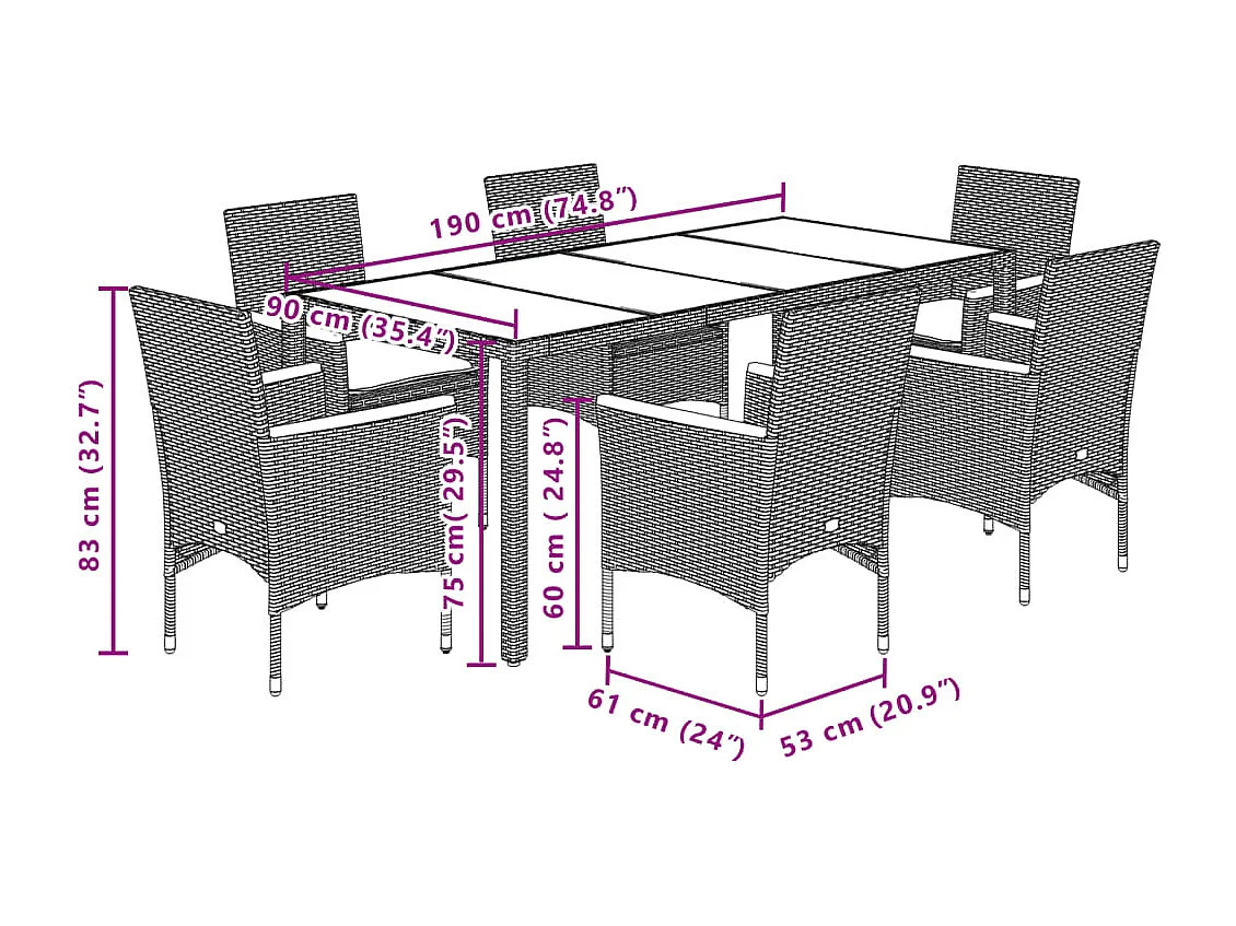 Ensemble à manger de jardin et coussins 7 pièces beige rotin verre