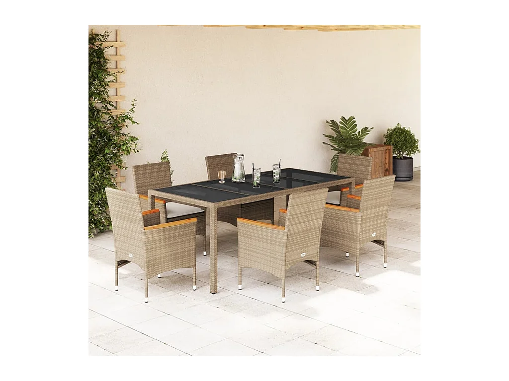 Ensemble à manger de jardin et coussins 7 pièces beige rotin verre