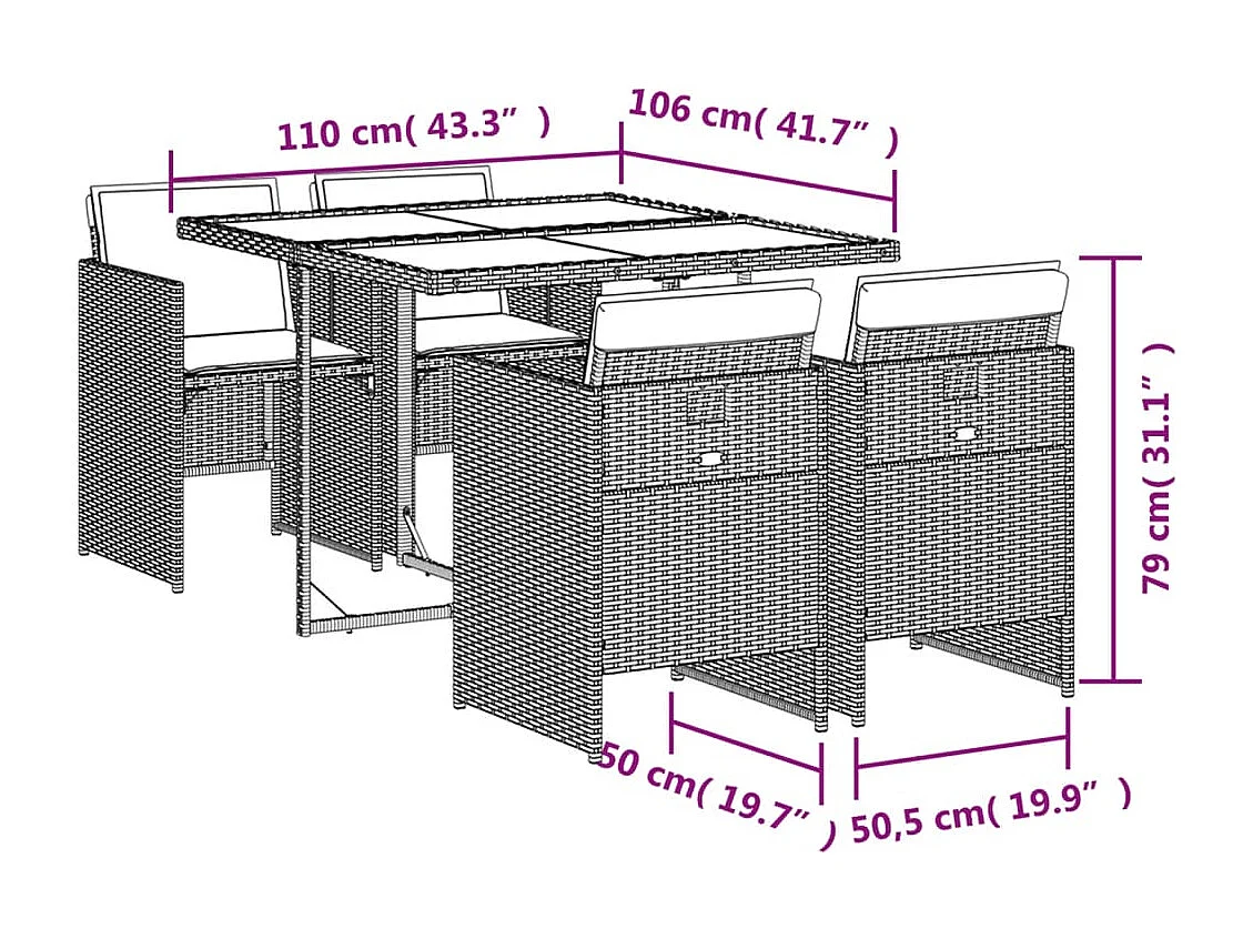 Set comedor de jardín 5 piezas con cojines ratán sintético gris