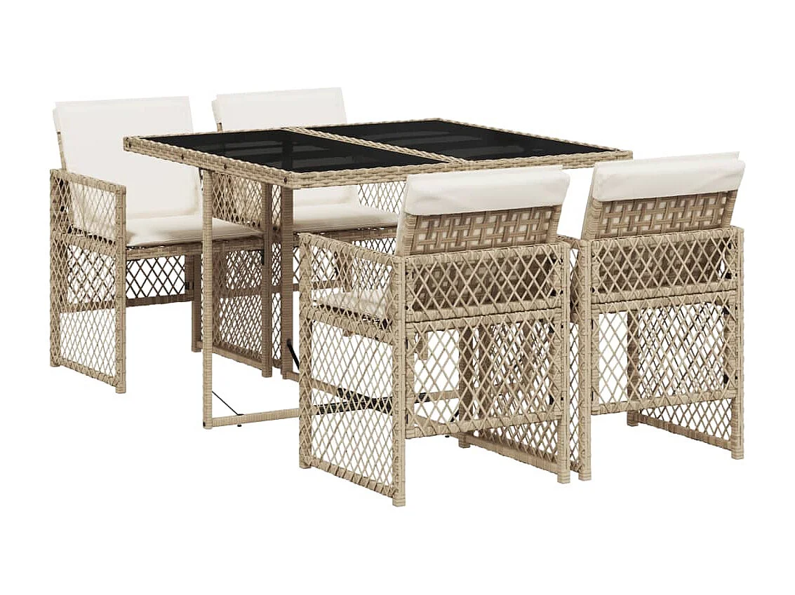 Ensemble à manger de jardin avec coussins 5 pièces Beige poly rotin