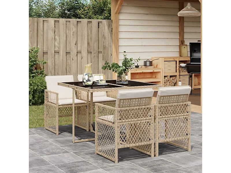 Ensemble à manger de jardin avec coussins 5 pièces Beige poly rotin