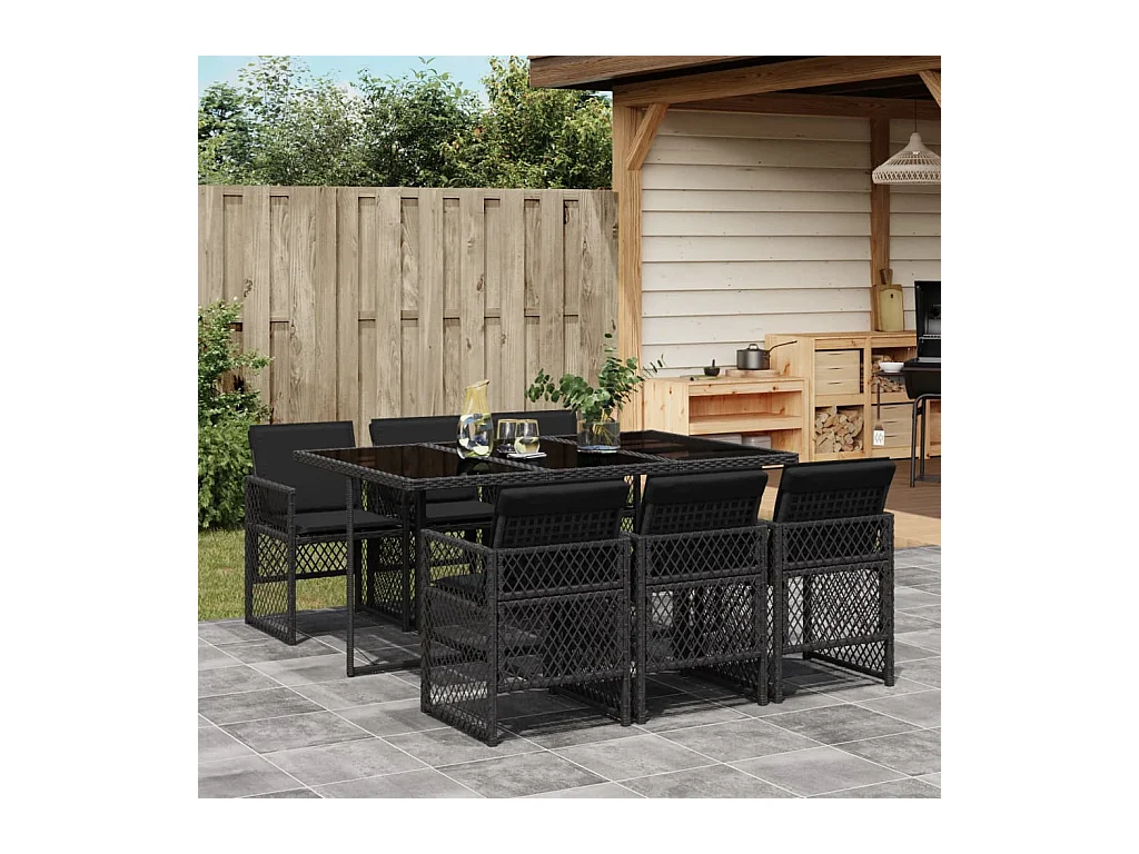 7 peças conjunto de jantar para jardim com almofadões vime PE preto