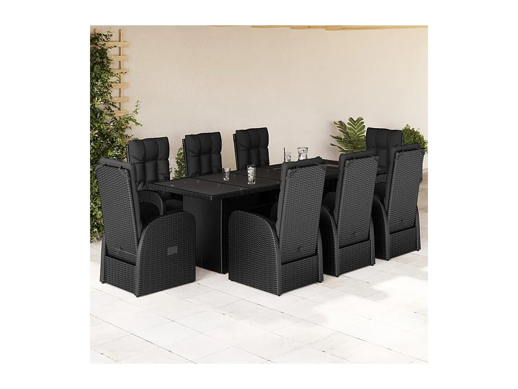 9 peças conjunto de jantar para jardim com almofadões vime PE preto