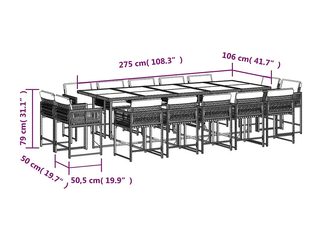 Set comedor de jardín y cojines 15 piezas ratán sintético marrón