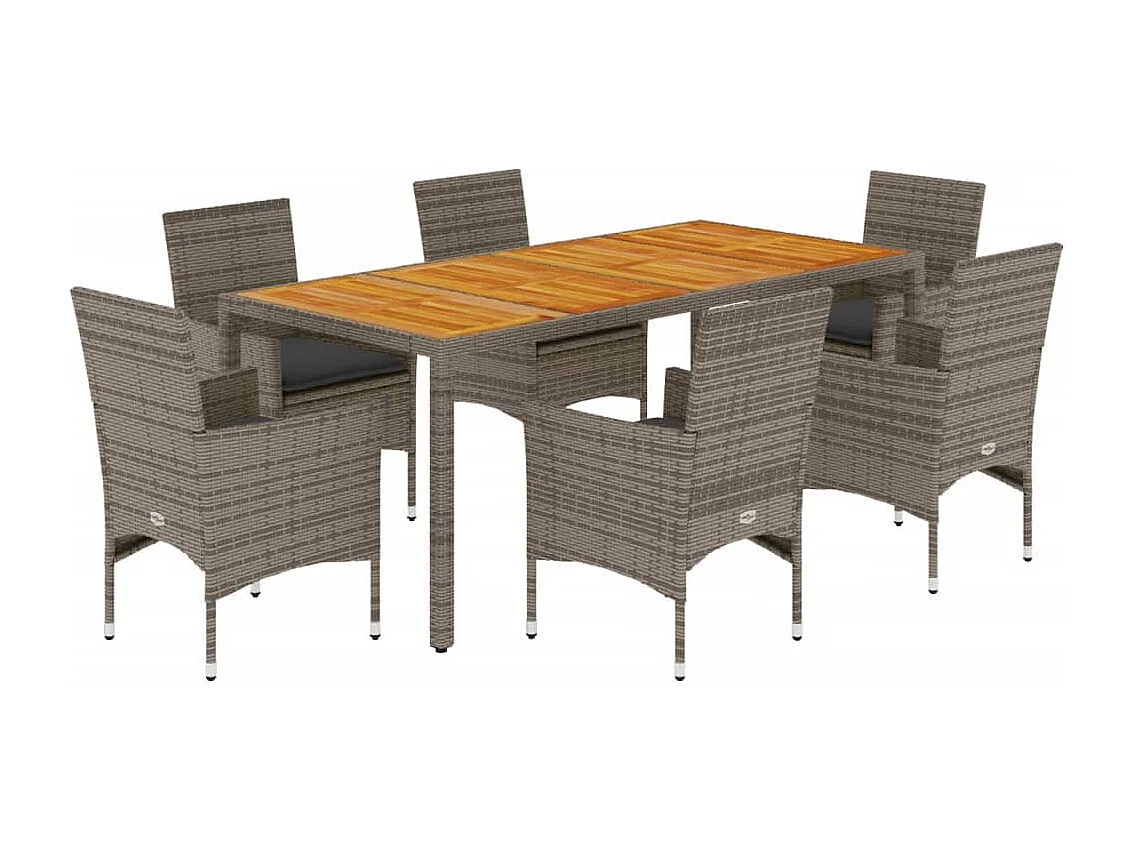 Ensemble à manger de jardin et coussins 7 pièces gris rotin acacia