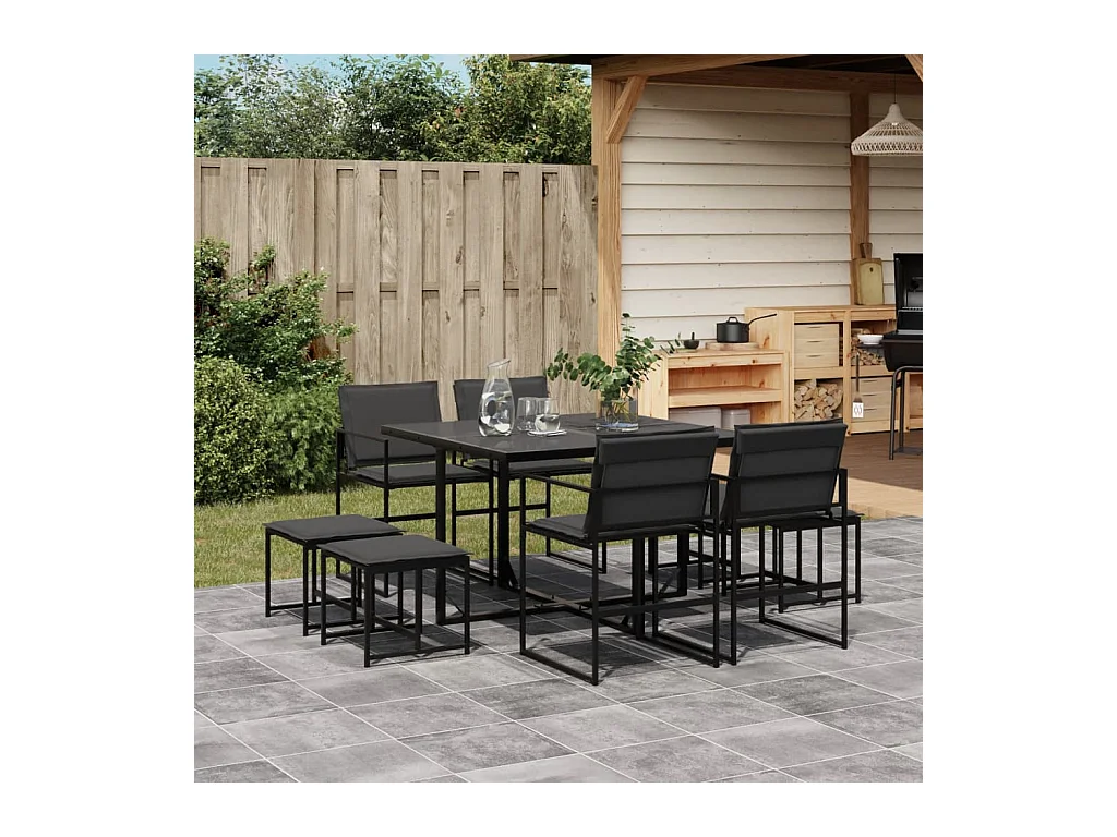 Ensemble à manger de jardin avec coussins 9 pièces noir textilène
