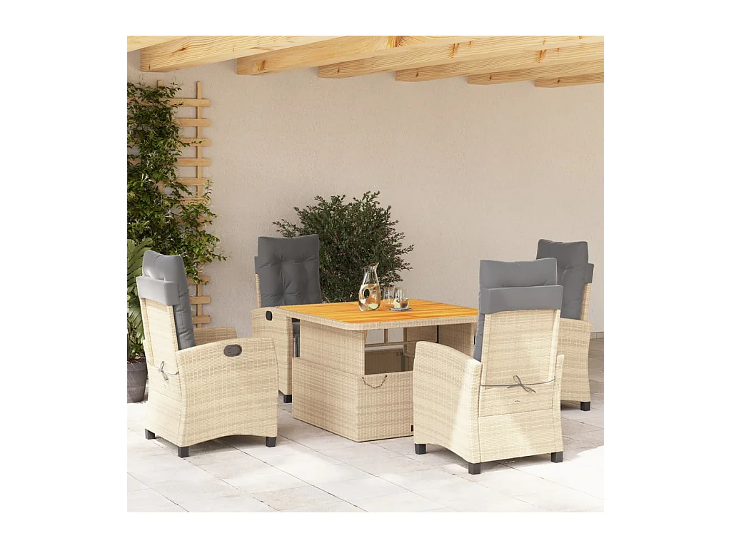Ensemble à manger de jardin avec coussins 5 pièces Beige poly rotin