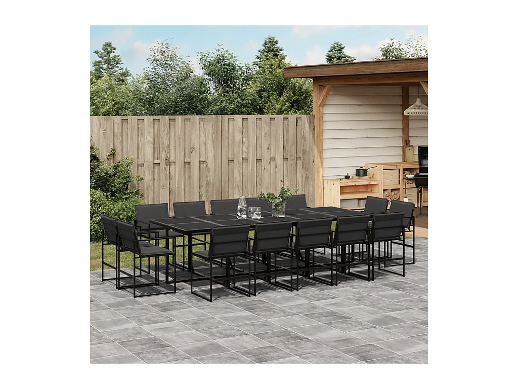 Ensemble à manger de jardin avec coussins 15 pièces noir textilène
