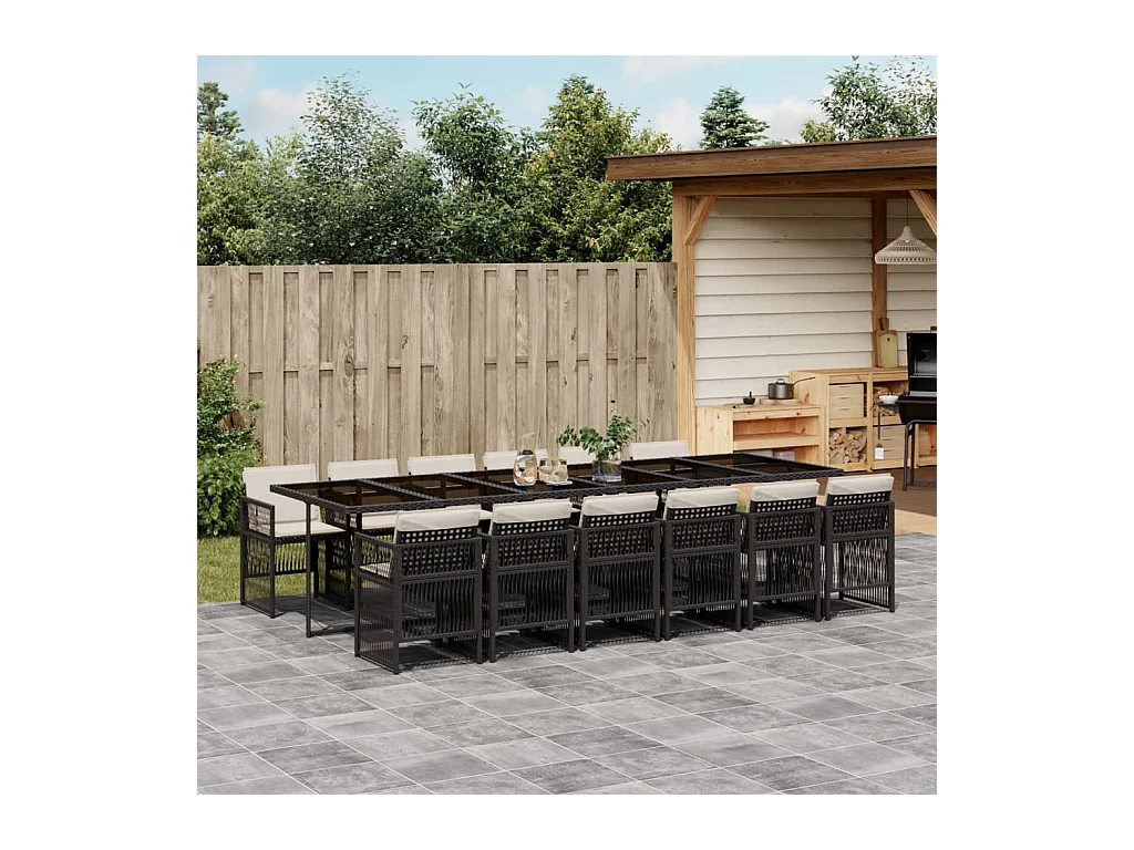 Set comedor de jardín con cojines 13 piezas ratán sintético negro
