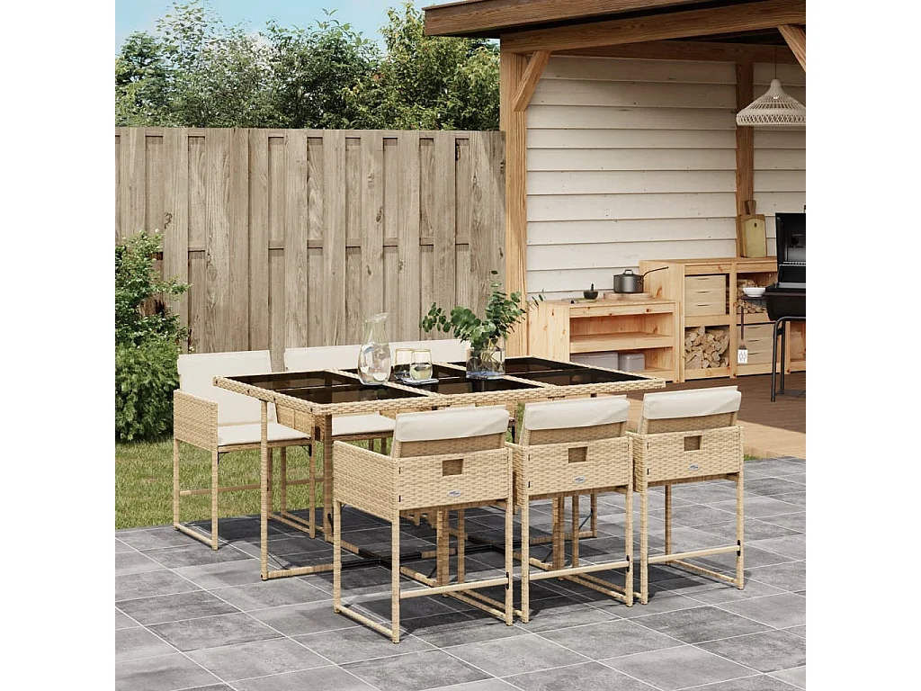 Ensemble à manger de jardin et coussins 7 pièces beige poly rotin