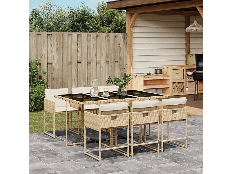 Ensemble à manger de jardin et coussins 7 pièces beige poly rotin