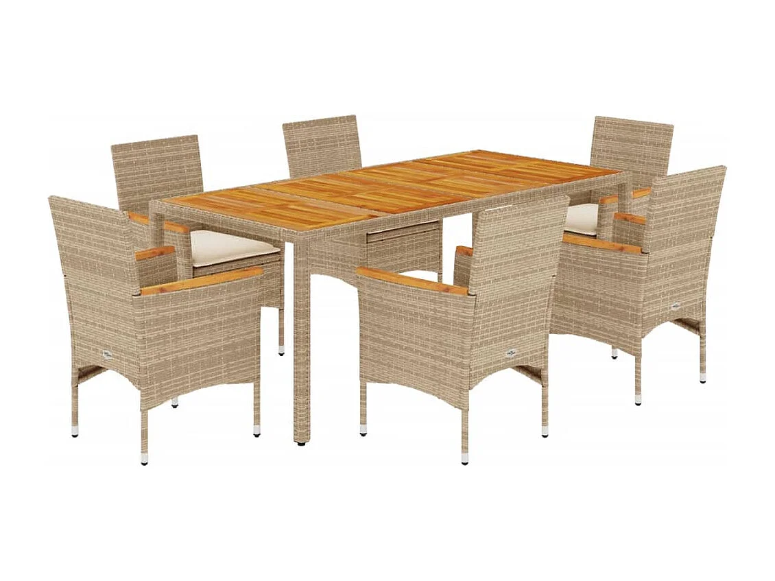 Ensemble à manger de jardin et coussins 7 pièces beige rotin acacia
