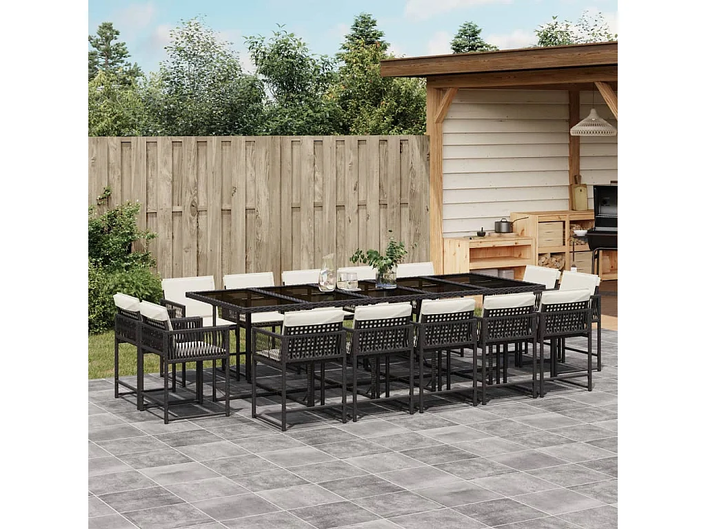 Set comedor de jardín con cojines 15 piezas ratán sintético negro